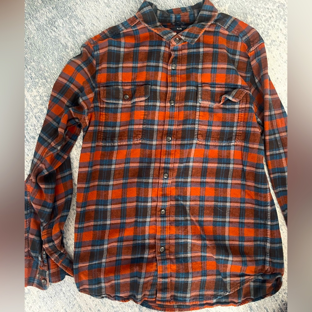 Prana Men’s lightweight flannel, size medium, orange and blue